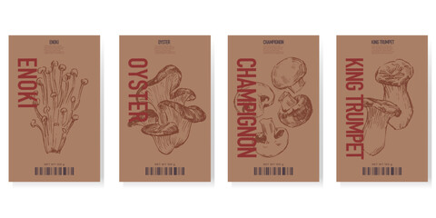 Set of packaging label design templates, hand drawn mushroom illustrations, vector graphic elements