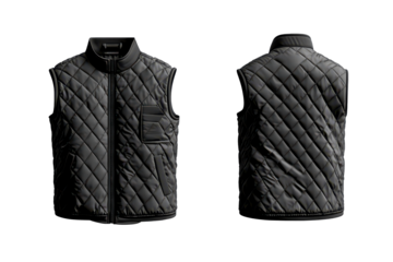 Front and back view of a quilted black vest isolated on transparent background. Black sleeveless quilted jacket isolated on white background.