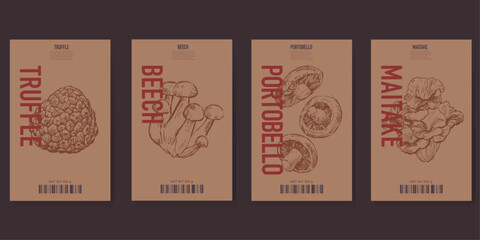 Set of packaging label design templates, hand drawn mushroom illustrations, vector graphic elements