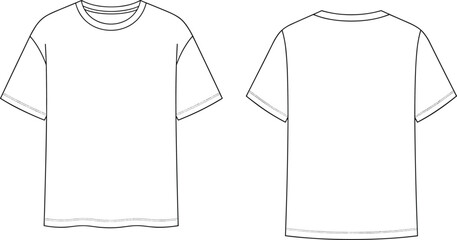 Front and back view plain t-shirt technical flat sketch, short sleeve crew neck shirt cad drawing, minimal apparel design vector illustration template © MdLimon