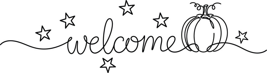 Hand drawn whimsical welcome text with stars and a decorative pumpkin illustration