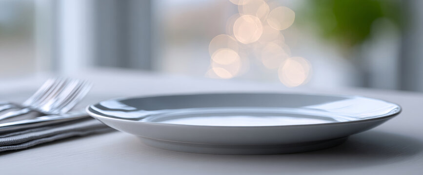Empty white ceramic plate on a light wooden table with blurred background and silver forks on a folded napkin