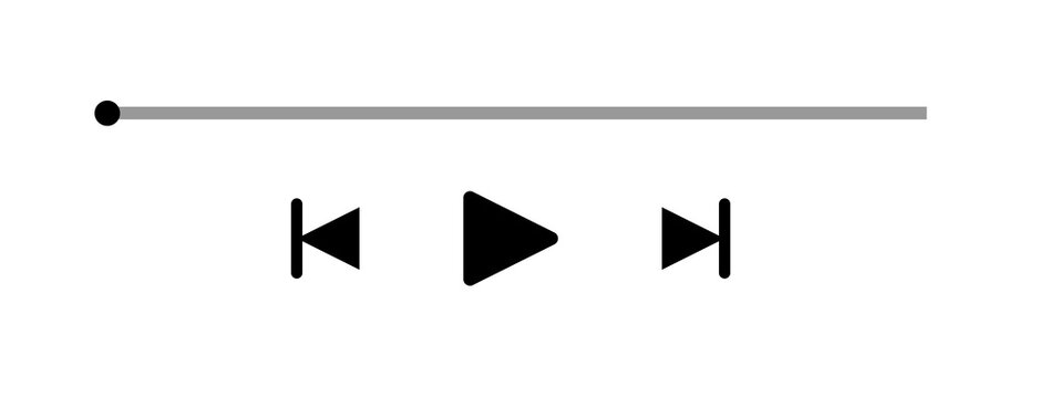 Music or video play bar icon on white background. Audio player for songs or podcast playlist. Loading bar with time slider, pause, rewind and fast forward buttons.