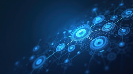 Futuristic blue digital blueprint of interlocking gears and circuits