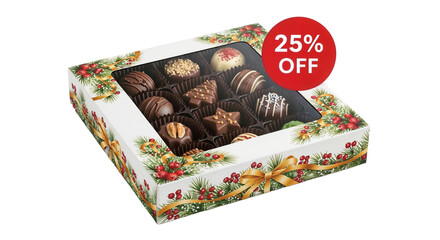 Box of festive chocolates with a 25% off sale badge on a white background