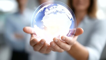 Business people with glowing digital defocused interfaces world map, faceless innovation group, technology visualization detail, blurred workspace background, global connectivity c - Powered by Adobe