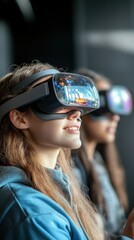 Young woman and student with mixed reality glasses in use