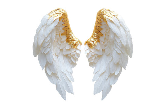 Pair of ornate white angel wings with gold trim isolated on transparent background. Pair large white angel wings with golden halo float on plain white background. - Powered by Adobe