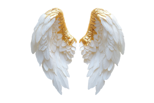 Pair of ornate white angel wings with gold trim isolated on transparent background. Pair large white angel wings with golden halo float on plain white background.