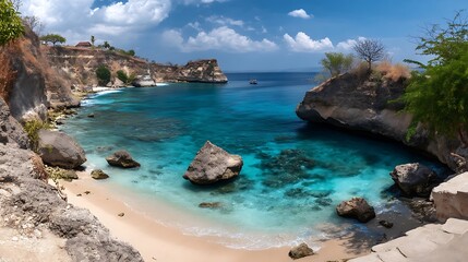 Fototapeta premium Tropical Coastal Cove with Clear Blue Water and Rocky Cliffs