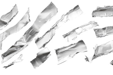 Abstract metallic ribbons on a black background isolated on transparent background. Ripped strips of aluminum foil arranged isolated on white background.