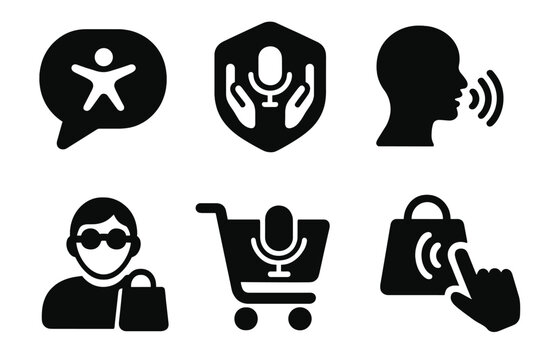 Voice Commerce Accessibility Icons. Solid style icons of accessibility in voice commerce: voice icon with accessibility symbol,