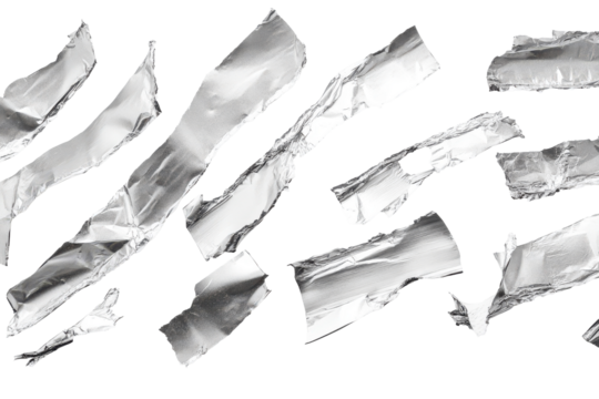 Abstract metallic ribbons on a black background isolated on transparent background. Ripped strips of aluminum foil arranged isolated on white background.