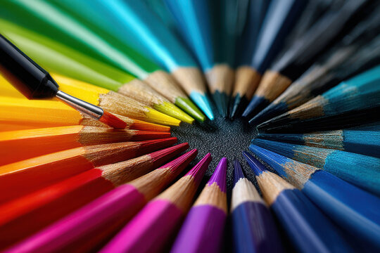 Colorful arrangement of pencils in circular pattern with a hand reaching for a red pencil - Powered by Adobe