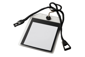 Blank id badge holder with lanyard isolated on transparent background. Vertical blank badge mockup and empty id card isolated on white background.