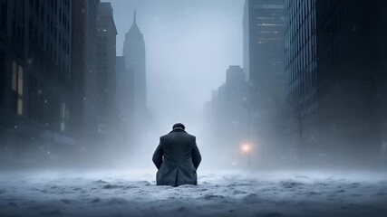 Stock market. Finance investment economy concept. A man in a dark coat stands in a snowy urban setting, his back to the viewer, gazing into the distance. The cityscape is enveloped in a misty haze. - Powered by Adobe