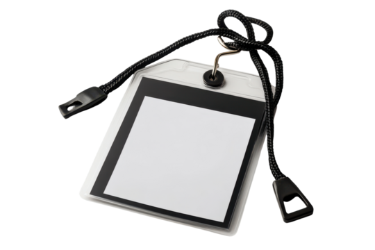 Blank id badge holder with lanyard isolated on transparent background. Vertical blank badge mockup and empty id card isolated on white background.