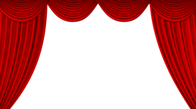 Red theater stage curtain, long top edge separated, for movie, concert or theater scene. PNG transparent.