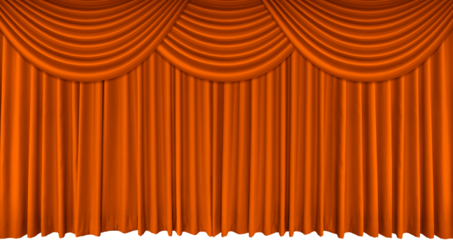 Orange stage curtain with long top edge PNG transparent.