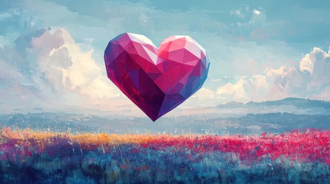 Abstract heart floating above colorful field, inspirational, beautiful scenery, artistic concept, digital art, potential for love, nature, peaceful