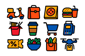 Food Delivery Icons. Flat vector icons of food delivery: scooter, delivery bag, pizza box, burger meal, noodles container, coffee