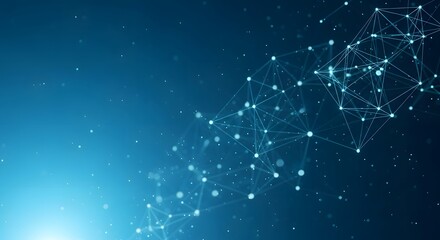 Abstract network of glowing blue dots and lines against a dark blue gradient background, representing data connections and technology