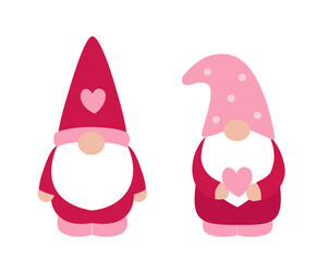 Valentine's Day gnomes with heart pattern flat vector illustration set.
Funny gnomes celebrate Valentine's Day cartoon.
Cute bearded elves clipart.
White background.