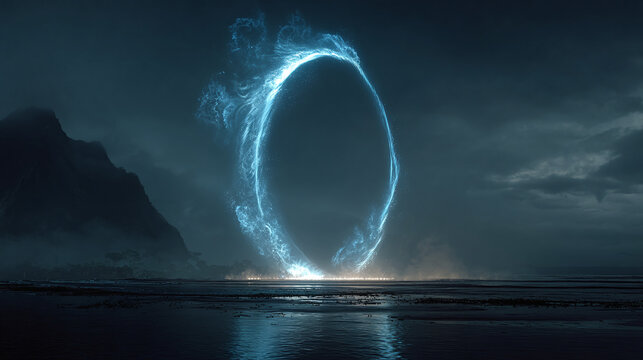 A glowing portal descends on a serene beach at dusk, radiating an ethereal blue light. Mysterious mountains fade into the cloudy sky.