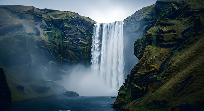 Cinematic landscape of a massive waterfall plunging between tall cliffs, heavy mist swirling in cool air, moody lighting, soft diffused natural glow, balanced contrast of blue-gray tones and warm eart