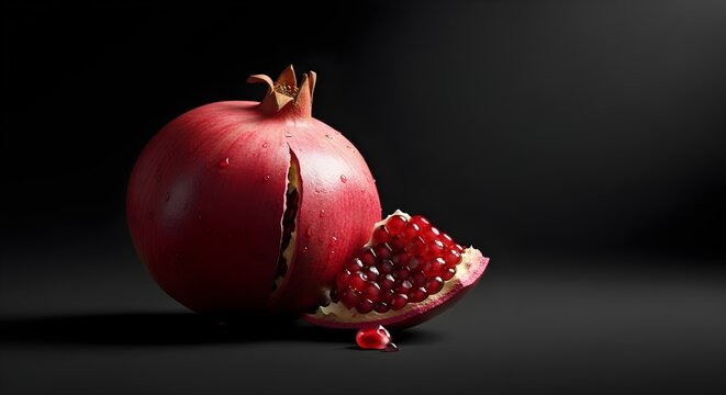 Whole pomegranate and a segment with arils on dark background