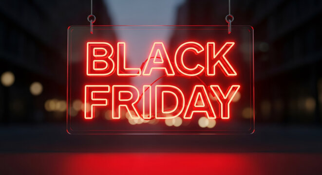 Vibrant neon sign displaying Black Friday sale, glowing brightly against blurred urban street scene, creating an energetic holiday shopping and special discounts