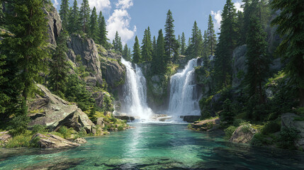 Cascading waterfall plunges into a turquoise pool, framed by verdant forest and rocky cliffs, creating a serene natural landscape.