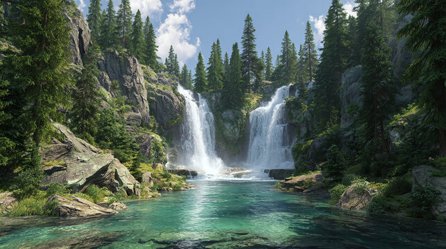 Cascading waterfall plunges into a turquoise pool, framed by verdant forest and rocky cliffs, creating a serene natural landscape.