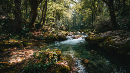 Fototapeta premium A tranquil river flows through a vibrant green forest, sunlight filtering through the trees, creating a stunning natural scene. Peaceful water.