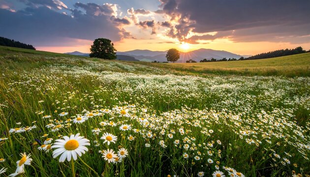 Blooming field of wildflowers at sunset with trees and mountains - Powered by Adobe