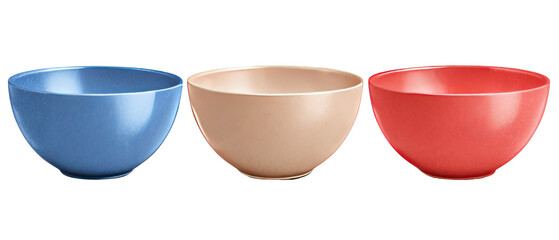 Three colorful bowls arranged in a row, showcasing a vibrant blue, soft beige, and bright red, set against a neutral background, ideal for kitchenware advertising or home decor