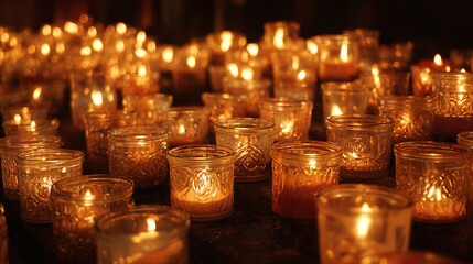 Illuminating spirits with a sea of votive candles, their flames dance in unison, creating a warm glow. A beacon of hope in the dark.