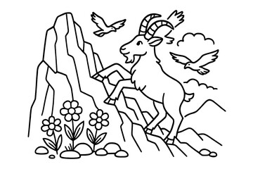 Fototapeta premium Mountain Adventure Coloring. Mountain goat climbing rocky cliffs with eagles soaring and flowers blooming nearby, black and white