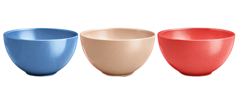 Three colorful bowls arranged in a row, showcasing a vibrant blue, soft beige, and bright red, set against a neutral background, ideal for kitchenware advertising or home decor