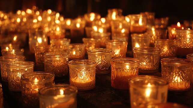 Illuminating spirits with a sea of votive candles, their flames dance in unison, creating a warm glow.  A beacon of hope in the dark.