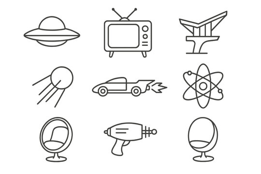 Atomic Age Icons. Line style icons of Atomic Age: Flying Saucer, Retro TV, Googie Architecture, Sputnik, Jet Car, Atomic Model,