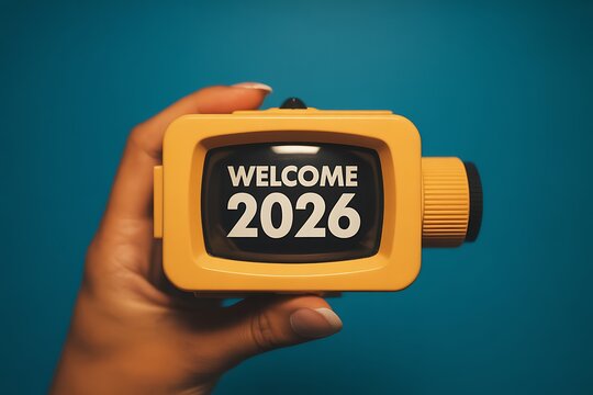 Hand holding a retro viewfinder with a welcome message for the year 2026 - Powered by Adobe