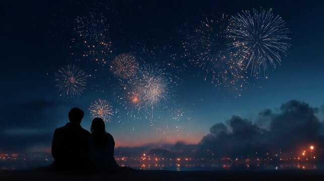 back view of couple watches fireworks, new year celebration