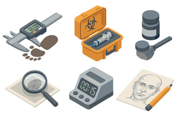 Forensic Science Toolkit. Isometric vector illustration set Forensic science: digital caliper measuring trace, syringe inside