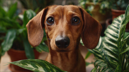 A sweet dachshund amidst lush greenery. Its gaze is direct, creating a captivating portrait with an adorable look. Natural tones are featured.