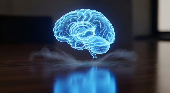 Glowing digital brain hovering above a reflective surface representing artificial intelligence