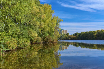 Moscow, Russia. The Pure Bay in Shchukinskiy Peninsula in autumn. Shchukinskiy Peninsula is a natural landmark located in Shchukino administrative district in north-western part of the city of Moscow.