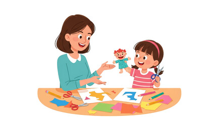 Woman and girl crafting together at table