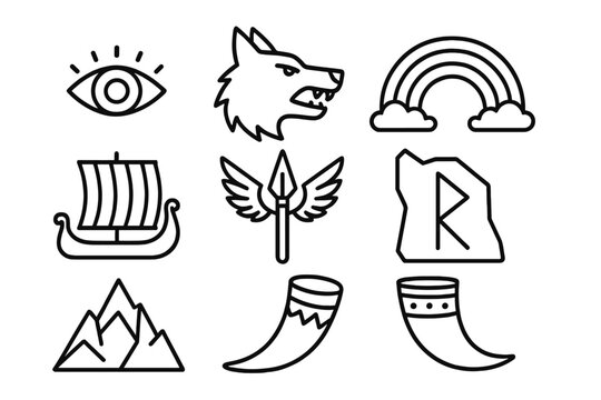 Nordic Myth Icon Set. Line style icons of Nordic Myth: Odin&rsquo;s Eye, Fenrir, Bifrost Bridge, Longship Sail, Valkyrie Spear, Rune