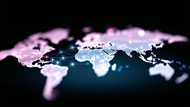 Glowing world map made of lines defocused space nodes, faceless futuristic concept, connected visualization detail, blurred cosmic background, global brand, powerful interface, dat